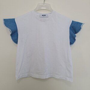 MSGM Women’s T-shirt Ruffle Denim Sleeves White